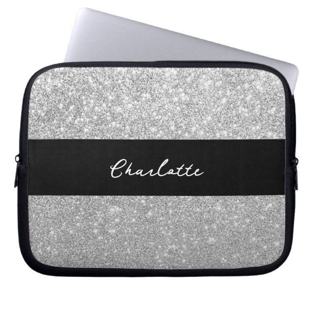 Luxvaror Gnistra Silver Glitter Namn Laptop Fodral (Framsidan)