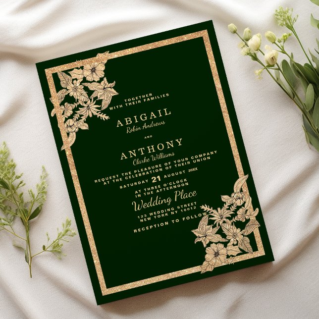 Luxvaror mörk grönt guld glitter blommigt Bröllop Inbjudningar (Luxury dark green gold glitter floral Wedding )
