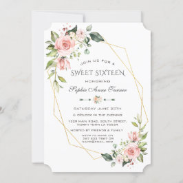 Luxvaror Rosa Blommigten Guld Ram Sweet sixteen Inbjudningar