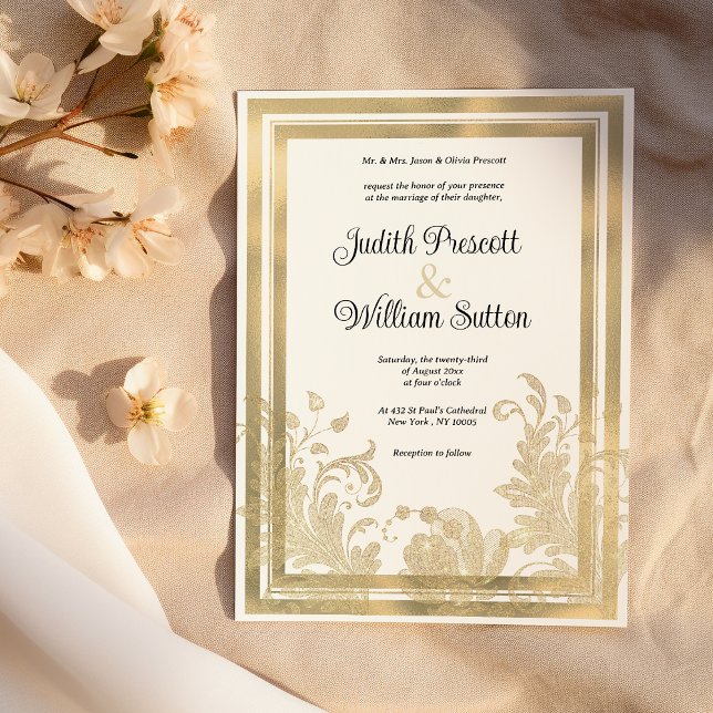 Luxvaror vintage vit guld blommigt bröllop inbjudningar (Luxury vintage white gold floral wedding)