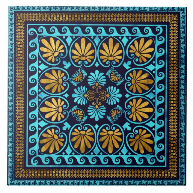 Luxy Grekiskt ornament Blue-glas och Guld Kakelplatta (Framsidan)