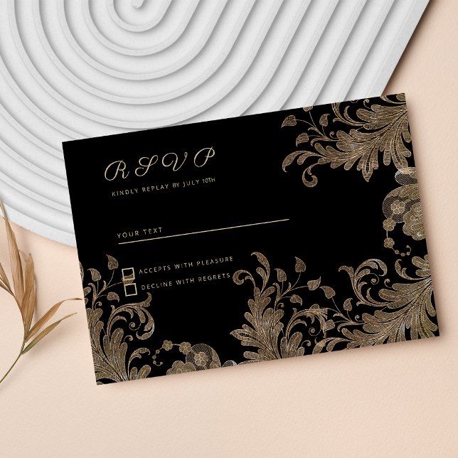 Luxys chic Black guld blommigt snöre OSA Inbjudningar (Luxury chic black gold floral lace RSVP )