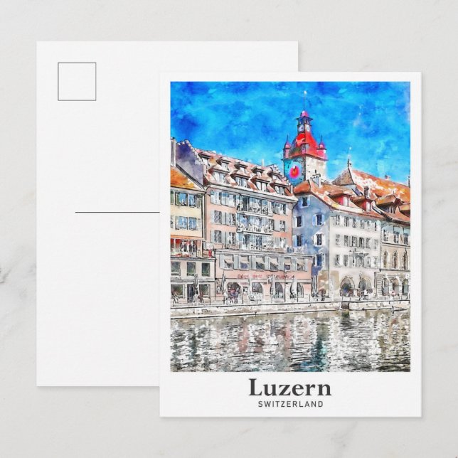 Luzern Schweiz Resa Akvarell Handritad Vykort (Fram/baksida)