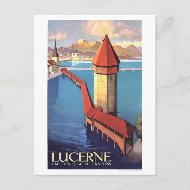 Luzern, Schweiz, utsikt över sjö och torn, Vykort (Framsida)