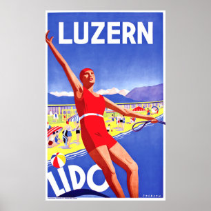 Luzern sjö, lido, vatten skidman, vintage resor poster