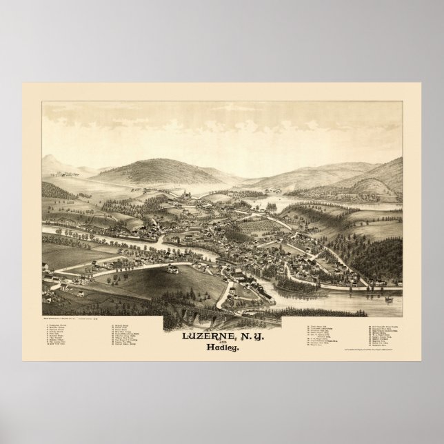 Luzerne & Hadley, NY Panoramic Karta - 1887 Poster (Framsidan)