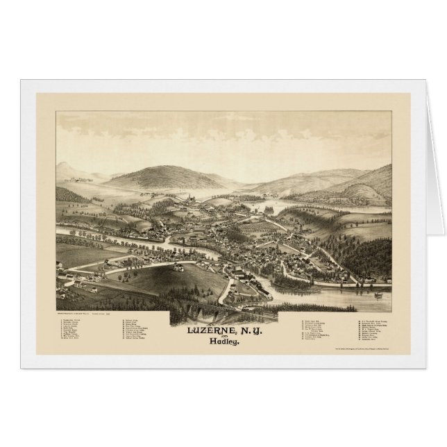 Luzerne & Hadley, panorama- karta för NY - 1887 Hälsningskort (Framsidan Horizontal)