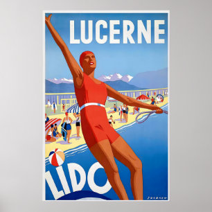 Luzerne Lido Schweiz Strandpromenad Lake Vintage Poster