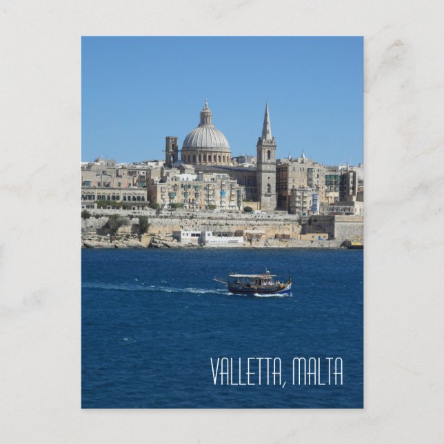 Luzzu Fishing Boat Valletta Skyline Harbour Malta Vykort (Framsida)