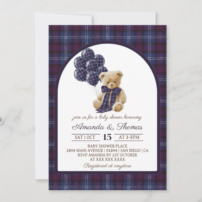 Lxury Bear Balloons Plaid Baby Shower Inbjudningar (Framsida)
