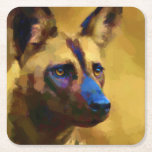 Lycaon Pictus Underlägg Papper Kvadrat<br><div class="desc">A digital painting that merges hyper-realism with bold, contemporary abstraction. This captivating portrait of a African Wild Dog showcases a harmonious clash of vibrant hues deep blues, golden ochres, and electric greens that breathe life into every fur strand and shadow. The textured, almost cubist brushstrokes add depth and movement, transforming...</div>