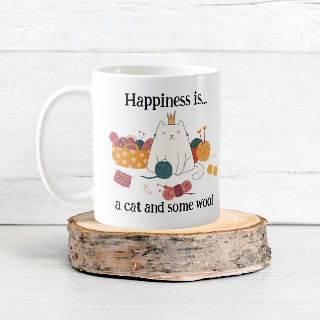 Lycka är en CAT och lite WOOL Knitting Cat Mugg (Happiness is a CAT and some WOOL Knitting Cat Mug)