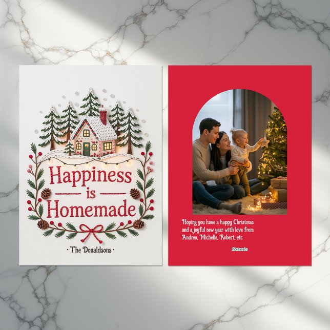 Lycka är Hemmagjord Rustik Stuga Familjefoto Julkort (Happiness is Homemade Rustic Cottage Family Photo Holiday Card)