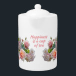 Lycka är Kopp i Tekannan för Elegantens Blommigt i<br><div class="desc">Tekannan för blommigt i elegant har söt rosa ros och citerar: Lycka är en kopp av te. Det är en underbar gåva till te älskare.</div>