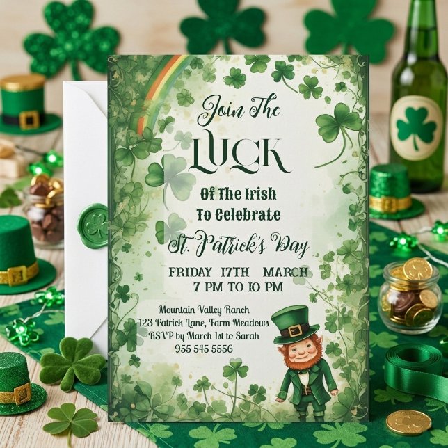 Lycka För Irländska Shamrockregnbåge Tomte Funky  Inbjudningar (Luck Of Irish Shamrocks Rainbow Leprechaun Funky Invitation)