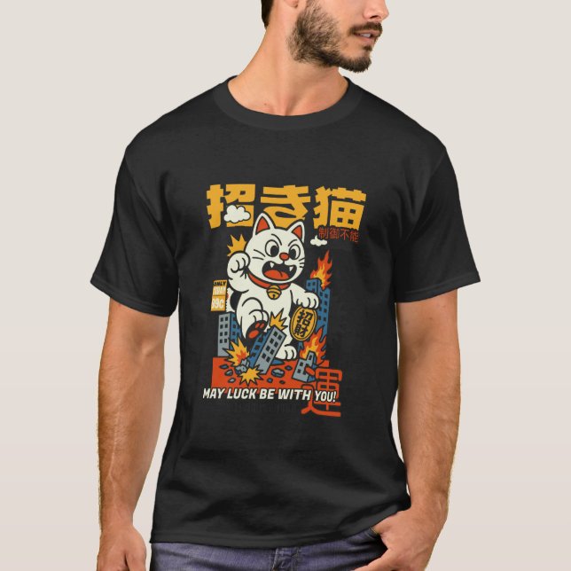 Lycka Må Vara Med Dig - Maneki-Neko Monster Cat At T Shirt (Framsida)