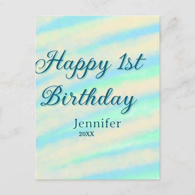 Lycka till 1-årsdagen barn babyblå grön pastell re vykort (Framsida)