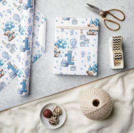 Lycka till 1-årsdagen Teddybjörn Blå inslagspapper Presentpapper