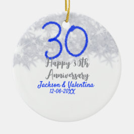 Lycka till 30-års bröllopsdag silver blå glitter julgransprydnad keramik