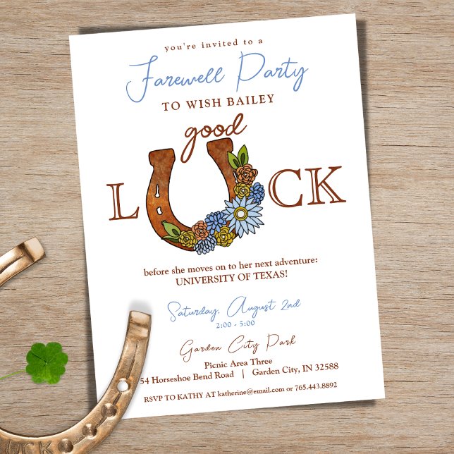 Lycka till Blommigt Horseshoe Farewell Party Inbjudningar (Horseshoe Good Luck Going Away Party Invitation)