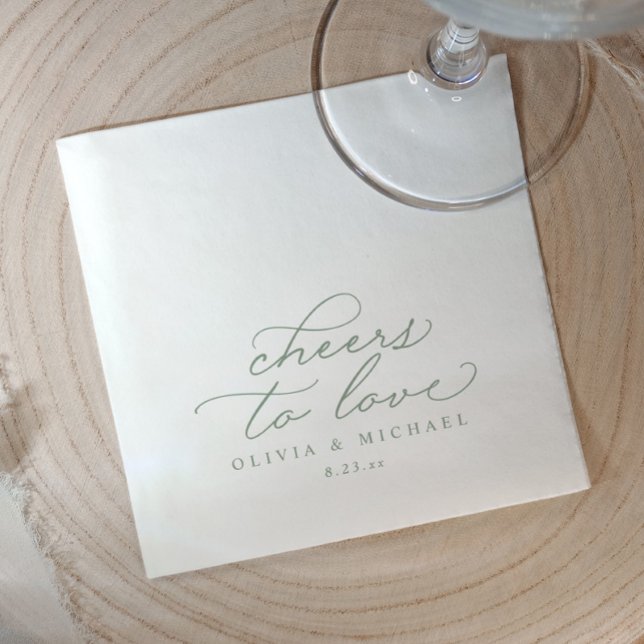 Lycka till Bröllopsservetter Elegant Sälggrön Pappersservett (Elegant sage green “cheers to love” wedding napkins with calligraphy script, modern reception décor.)