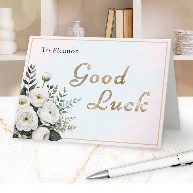 Lycka Till Elegant Pastell Rosa Blå Blommig Kort (A personalized "Good Luck" greetings card with floral design, faux gold script and pastel background)