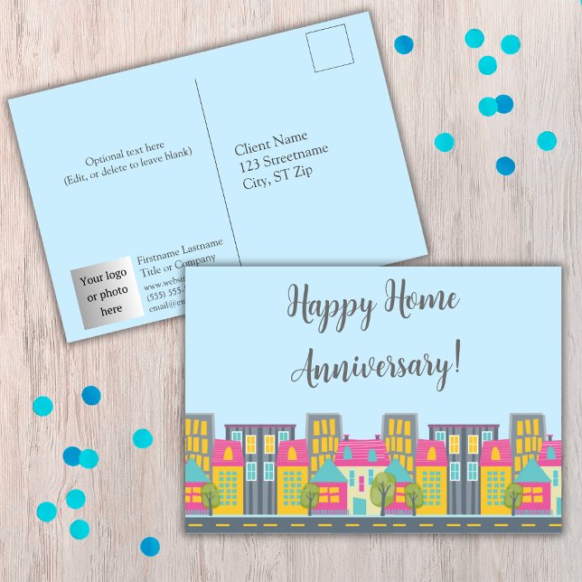 Lycka till hemjubileum Mäklarens vykort med foto (Happy Home Anniversary postcards for realtors. Add your photo/logo, contact information, and text.)