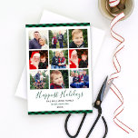 Lycka till med Helgdagar Grönt Play Photo Collage Julkort<br><div class="desc">Modern kollage stil Julhälsningar nio (9) fyrkantiga fotoblanksteg - perfekt för Instagram bilder, Happiest Helgdagars text i skriptskrivning för grönt av skog, anpassningsbar svart text som kan vara personlig, och en färgstark grönt och svart buffel plaid mönster går ner i gräns och baksidan av kortet. Fototips: klicka på "Ändra" om...</div>
