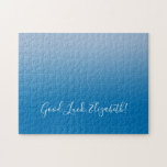 Lycka till Namn-skript på Blue Gradient Funny Pussel<br><div class="desc">Ljus till mörk blått övertoningspussel har "Lycka till,  [NAMN]" i ett vitt skript nära grund. Anpassa den roliga texten i sidlisten. Gör en underbar anpassningsbar för någon som kärlek är en utmaning. Copyright ©Claire E. Skinner. Alla höger reserverade.</div>