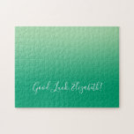 Lycka till Namn-skript på Grönt Gradient Funny Pussel<br><div class="desc">Ljus till mörk grönt övertoningspussel har "Lycka till,  [NAMN]" i ett vitt skript nära grund. Anpassa den roliga texten i sidlisten. Gör en underbar anpassningsbar för någon som kärlek är en utmaning. Copyright ©Claire E. Skinner. Alla höger reserverade.</div>