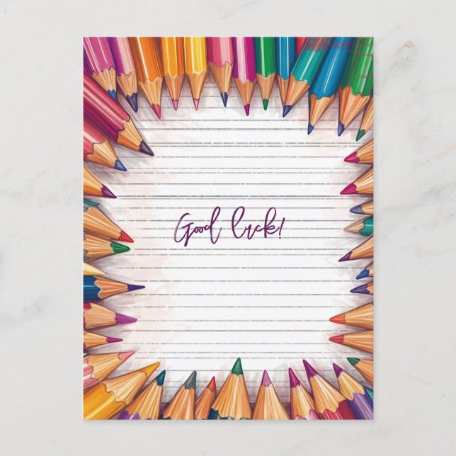 Lycka till omgiven av pennor vykort (Framsida)