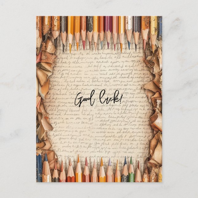 Lycka till, omringat av pennor vykort (Framsida)