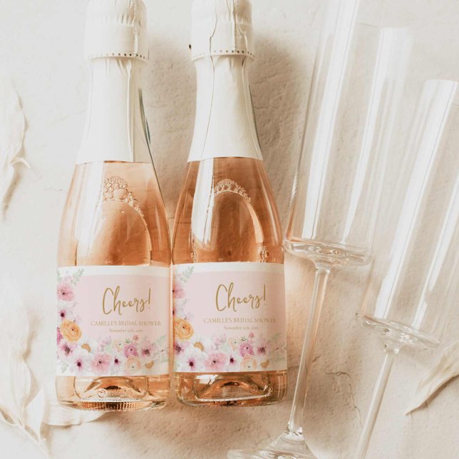 Lycka till Rosa Blommig Bröllopsfest (Elegant Pink floral Cheers Mini Champagne label )
