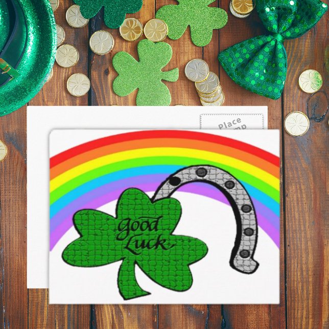 Lycka till Shamrock, Rainbow och Horseshoe Vykort (Good Luck Shamrock, Rainbow and Horseshoe Postcard)