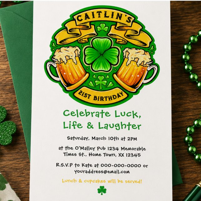 Lycka till St Patricks Day Shamrock  21-årsdag  Inbjudningar (Cheers St Patricks Day Shamrock 21st Birthday Invitation)