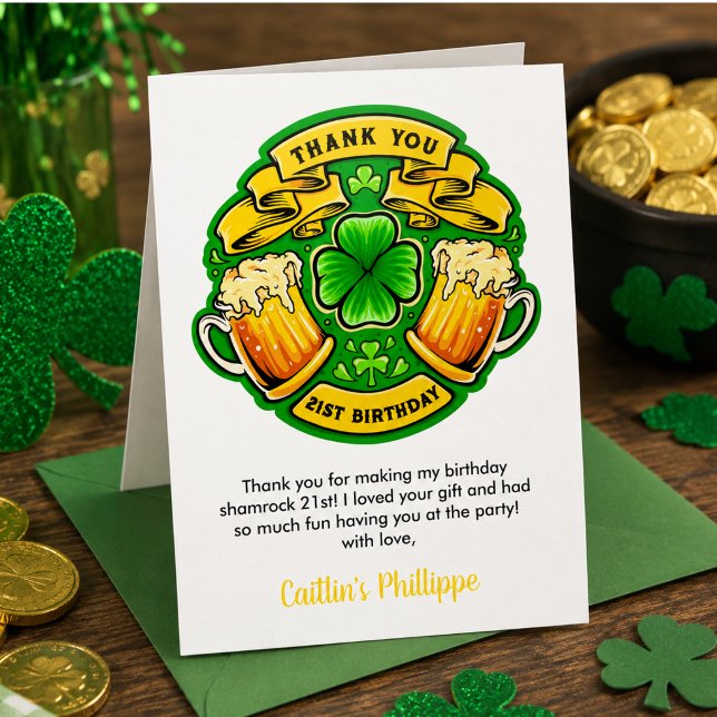 Lycka till St. Patrick's Day Shamrock 21-årsdag  Tack Kort (Cheers St. Patrick's Day Shamrock 21st Birthday Thank You Card)