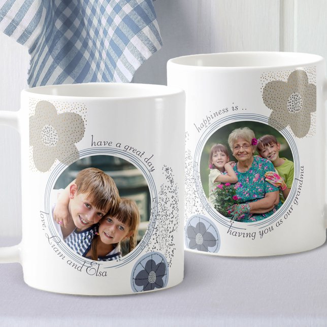 Lyckan är .. 2 Fotoblått Grått-poppsblomma Kaffemugg (Skapare uppladdad)