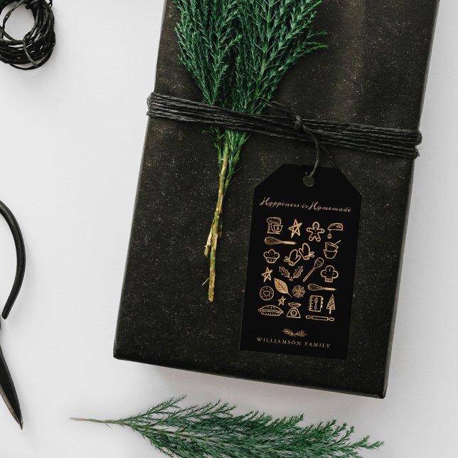 Lyckan är hemgjord Guld & Black Baking Recipe Presentetikett (Happiness Is Homemade Gold & Black Baking Recipe Gift Tags)