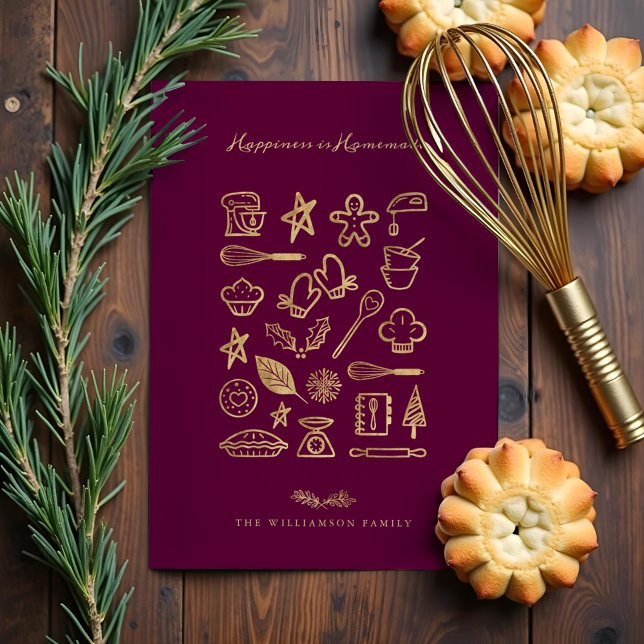 Lyckan är hemgjord Guld Burgundy Baking Recipe Julkort (Happiness Is Homemade Gold Burgundy Baking Recipe Holiday Card)