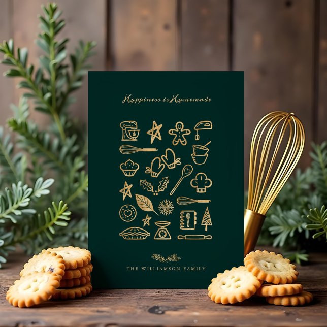 Lyckan är hemgjord Guld & Grönt Baking Recipe Julkort (Happiness Is Homemade Gold & Green Baking Recipe Holiday Card)