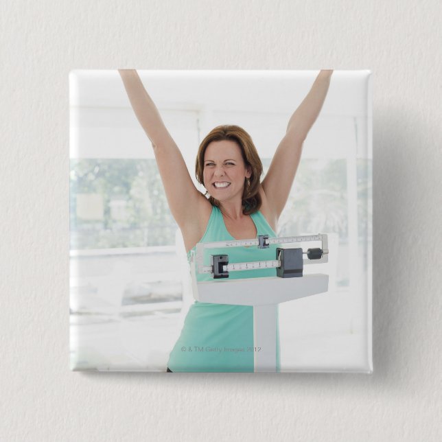 Lyckat väga förlust. Lycklig kvinnavägning Knapp (Framsida)