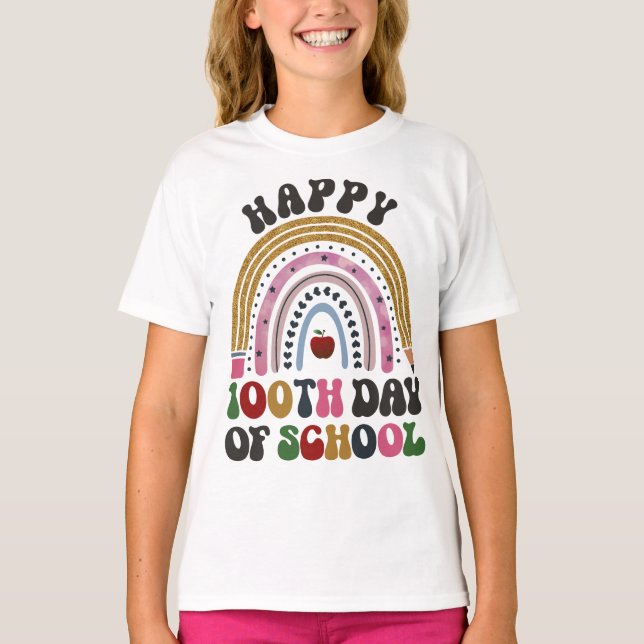 Lycklig 100 dagar med regnbåge i skolan Groovy Ret T Shirt (Framsida)