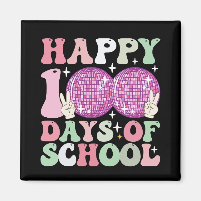 Lycklig 100 dagar på skolan Disco Boll Groovy Retr Magnet (Framsidan)