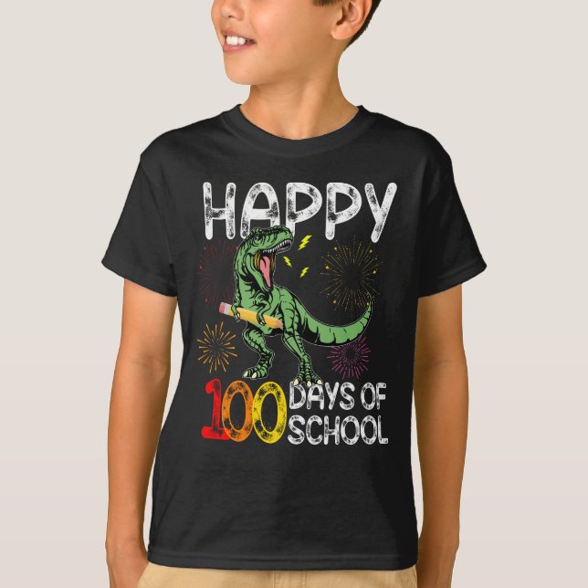 lycklig 100 dagar skoldinosaur t rex t shirt (Framsida)