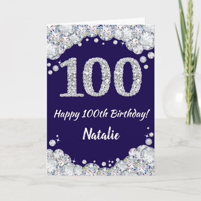 Lycklig 100:e födelsedag blått och Silver Glitter Kort (Framsida)