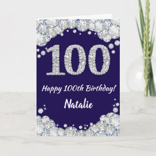 Lycklig 100:e födelsedag blått och Silver Glitter Kort