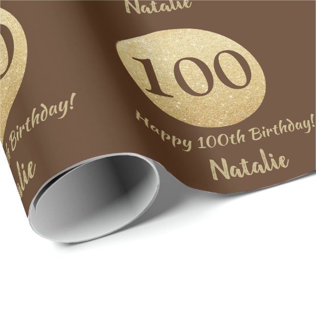 Lycklig 100:e födelsedag Brun och Guld Glitter Presentpapper (Rullad Hörn)