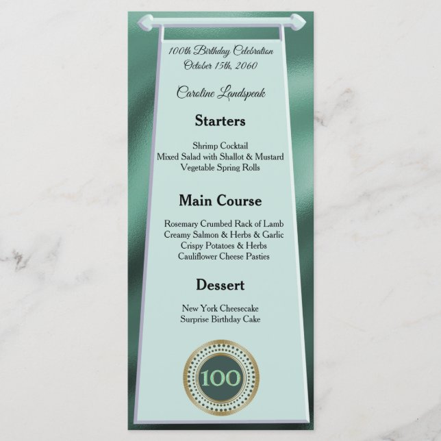 Lycklig 100:e födelsedag Grönt Glitter Foil Menu Meny (Framsida)