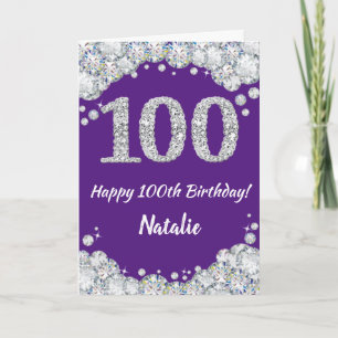 Lycklig 100:e födelsedag Lila och Silver Glitter Kort