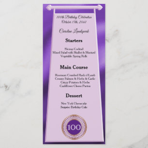 Lycklig 100:e födelsedagen Lila Glitter Foil Menu Meny
